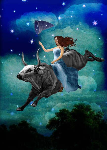 Uma menina monta um touro e captura estrelas - Foto, Imagem