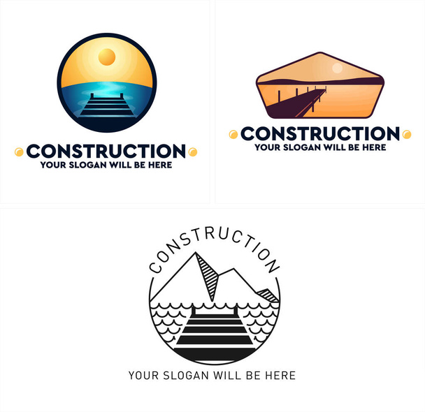 Logo de conception de construction avec pont mer montagne soleil cercle bleu jaune vecteur approprié pour dock skid bateau péniche réparation quai - Vecteur, image