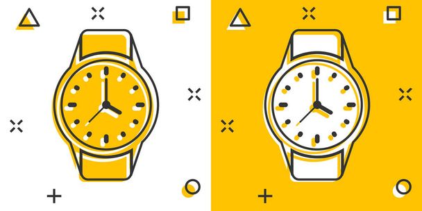 Καρπός ρολόι εικονίδιο σε κωμικό στυλ. Χέρι ρολόι κινούμενα σχέδια διανυσματική απεικόνιση σε λευκό απομονωμένο φόντο. Χρόνος βραχιόλι splash effect επιχειρηματική ιδέα. - Διάνυσμα, εικόνα