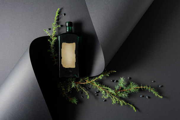 Vintage bottle and juniper branch with seeds. On a bottle old empty label. Copy space. - 写真・画像