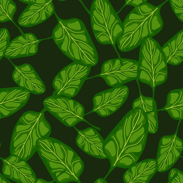 Seamless pattern Spinach salad on dark background. Modern ornament with lettuce. Random plant template for fabric. Design vector illustration. - Vector, imagen