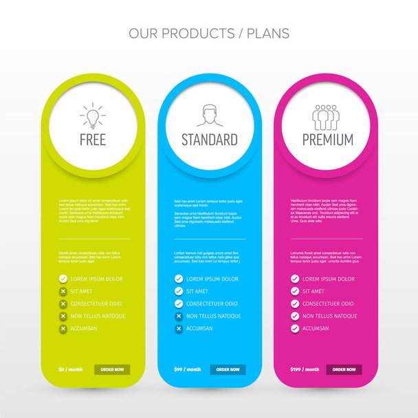 Pricing table light template with three options product subscription types with list of features and price - free, standard and premium version option card - Vector, Image