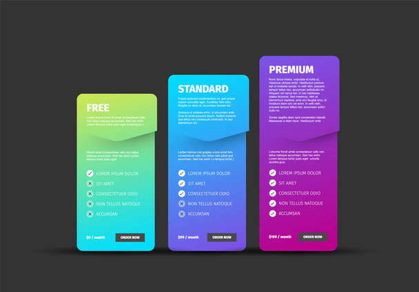 Pricing table dark modern gradient template with three options product subscription types with list of features and price - free, standard and premium version option card - Vector, Image