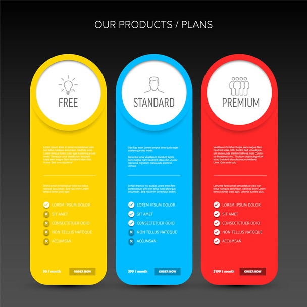Tabla de precios plantilla oscura con tres tipos de suscripción de productos de opciones con lista de características y precio - tarjeta de opción de versión gratuita, estándar y premium - Vector, imagen