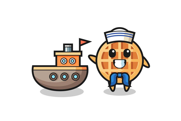 Character mascot of circle waffle as a sailor man , cute design - Vector, Image