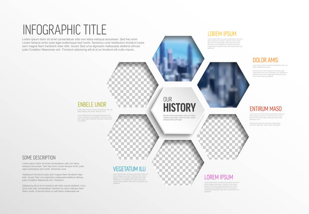 Vector Infographic template made from hexagon photo placeholders with text content - light version with simple color line. Infographic infochart with pictures in hexagon windows. - Wektor, obraz