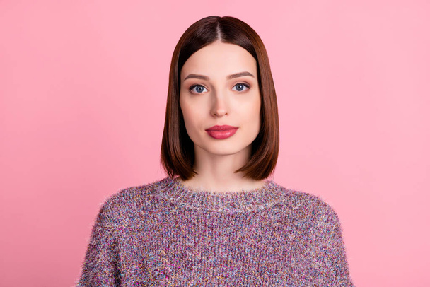 Photo of charming brunette businesswoman look camera wear knitted sweater isolated pink color background - Foto, afbeelding
