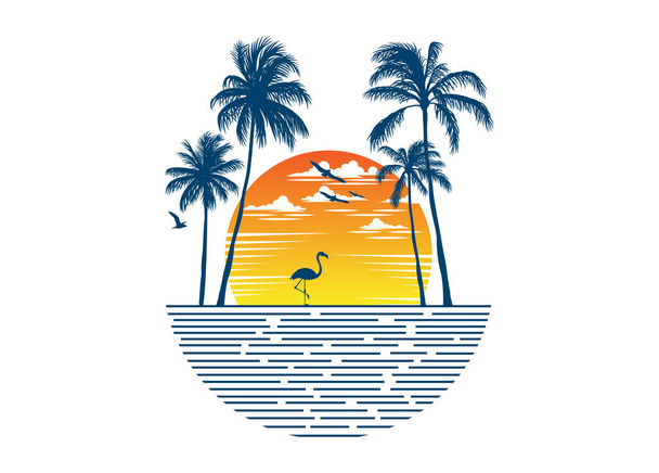 Meret panoraama trooppisella saarella flamingo, linnut ja palmuja. Muokattava, vektorikuvaus. - Vektori, kuva