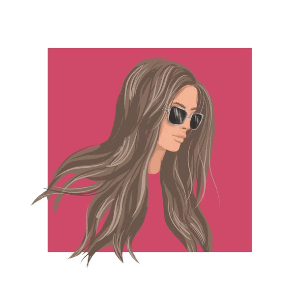  Art illustration print image of a young fashionable girl in sunglasses with flowing hair on a colored background - Фото, изображение