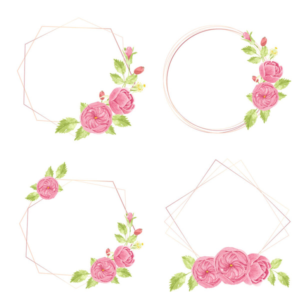 watercolor hand draw pink english rose wreath with geometric frame collection - Вектор,изображение