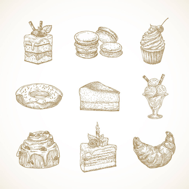 Dessert Sweets Hand Drawn Doodle Vector Illustrations Set. Cakes, Donut, Ice Cream, Macarons and Croissant Buns Confectionary Sketch Style Drawings Collection. Isolated - ベクター画像