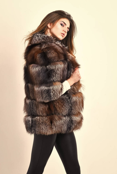 Woman makeup and hairstyle posing mink or sable fur coat. Female brown fur coat. Fur store model enjoy warm in soft fluffy coat with collar. Fur fashion concept. Winter elite luxury clothes - 写真・画像