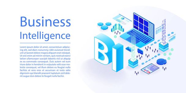 Infográfico vetorial BI Business Intelligence em layout de banner web ampla. Notebook e processamento de dados com ícones 3D isométricos. - Vetor, Imagem