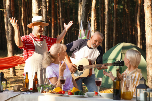 Ältere Menschen mit Gitarre bei Grillparty am Sommertag - Foto, Bild