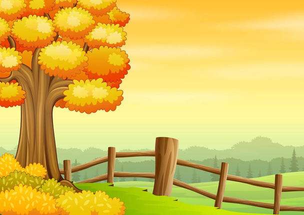 Podzimní pozadí s velkým stromem uvnitř plotu - Vektor, obrázek