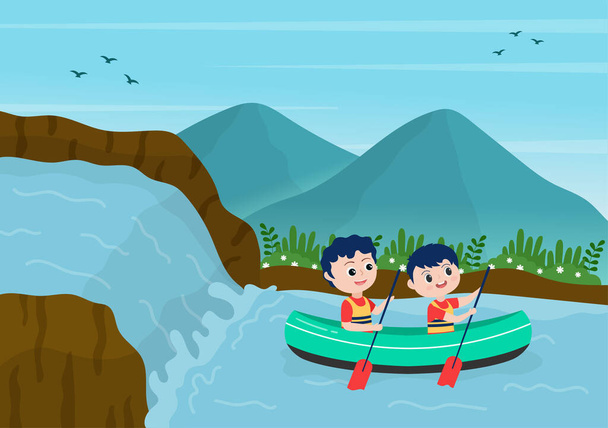 Rafting fondo Dibujos animados planos Vector Ilustración con la gente hacer actividades Deportes acuáticos en el medio del lago, piragüismo, Sentado en barco y sosteniendo paletas - Vector, Imagen