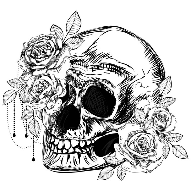 Un mazzo di rose e un teschio. Illustrazione di linea botanica. Schizzo. Tatuaggio gotico. - Vettoriali, immagini