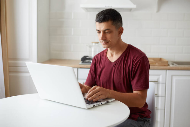 Portrait of young adult man wearing casual style maroon t shirt, freelancer working online from home, sitting at the table in kitchen, looking concentrated at notebook display. - Foto, Bild