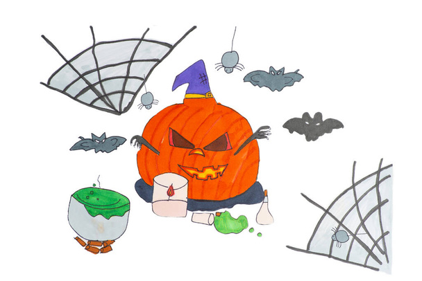 Halloween słodkie dynie. Ręcznie rysowana ilustracja. Pajęczyna i mysz latająca. Rysunek dyni Halloween z pajęczyną i nietoperzami na białym tle izolatki. - Zdjęcie, obraz