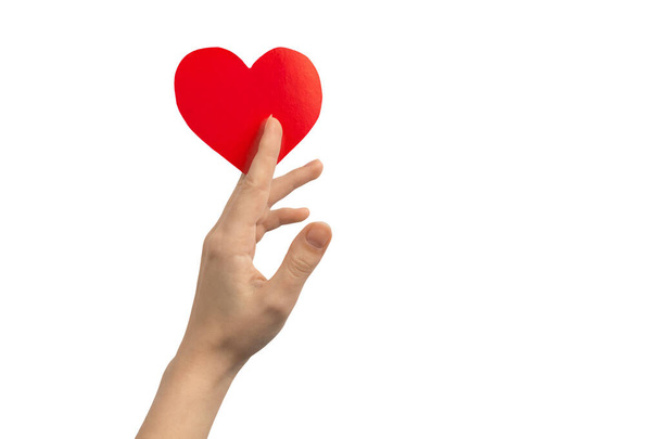 Koncepcja darowizny i dobroczynności. Ręka trzymająca czerwone serce na białym tle. Przestrzeń kopiowania  - Zdjęcie, obraz