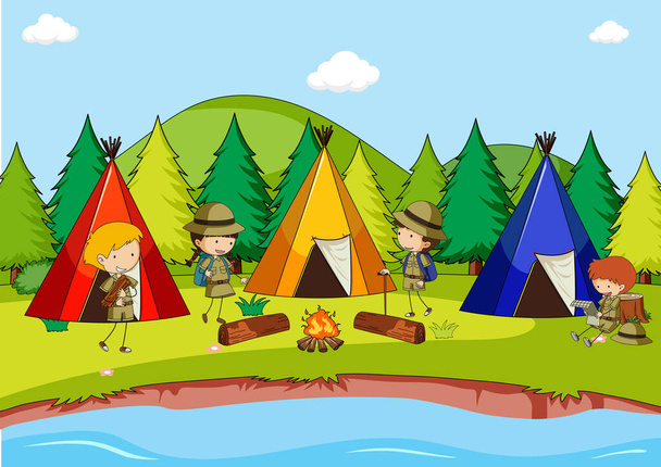 Cena do acampamento com tendas e muitas crianças ilustração - Vetor, Imagem