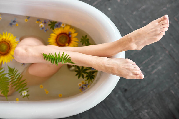 Woman Legs. Body Care. Closeup Top View Of Beautiful Female Legs In Bath Full Of Flower Petals - Photo, image