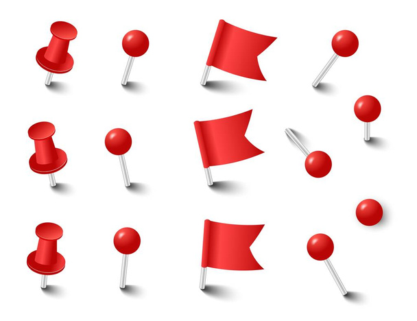 Red pins tacks flags. Attach buttons on needles, pinned office thumbtack. Vector illustration. - Vector, Image