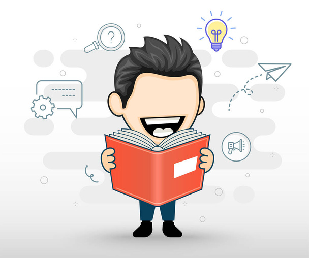 Happy businessman or student reading a book. The concept of business or education in cartoon style - Vector, Image