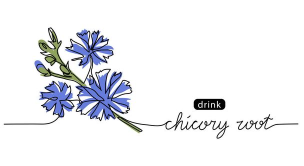 Chicory, succory, cichorium wild blue flower sketch. Un dibujo continuo de la línea de arte de la achicoria - Vector, imagen