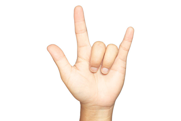 Retrato mão dedo três acima de um asiático é símbolo ou ícones de amor ou felicidade em um fundo branco com recorte caminho. - Foto, Imagem