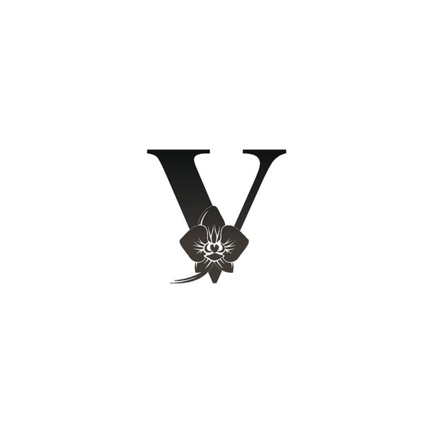 Значок буквы V с черной орхидеей и векторной иллюстрацией - Вектор,изображение