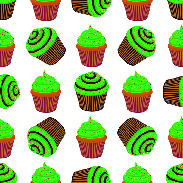 Illustration on theme Irish holiday St Patrick day, seamless green muffins. Pattern St Patrick day consisting of many identical muffins on white background. Muffins it main accessory St Patrick day. - Vektor, kép
