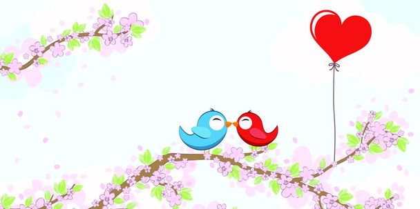 eps vector file with red and blue colored birds in love, kissing and sitting on branches with blossoms and green leaves in spring time, background with sky and light clouds - Вектор,изображение