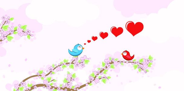 eps vector file with red and blue colored birds in love, flying and sitting on branches with blossoms and green leaves in spring time, background with sky and light clouds - Διάνυσμα, εικόνα