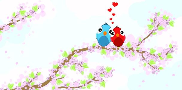 eps vector file with red and blue colored birds in love, sitting on an string, branches with blossoms and green leaves in spring time, flying hearts, background with sky and light clouds - Vector, afbeelding