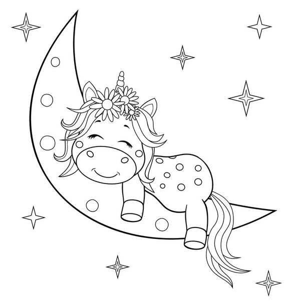 A small unicorn with a mane and tail sleeps on the moon. Sketch in contours for coloring. - Vector, afbeelding