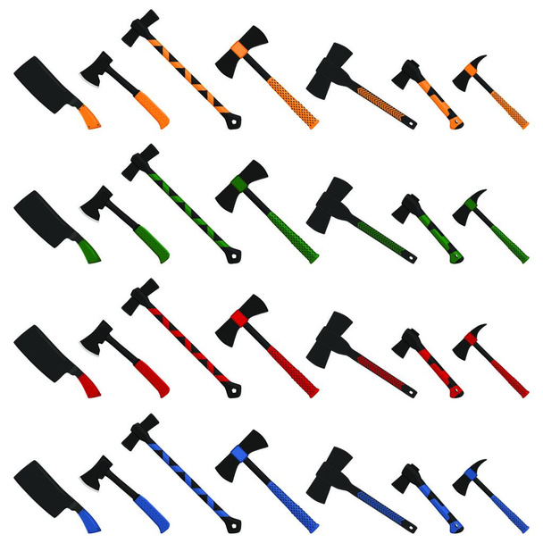 Illustration on theme big kit steel axes with wooden handle, metal ax for hunting. Pattern ax consisting of many different axes on white background. Forged axes it main accessory male, ax for survival - Vector, afbeelding