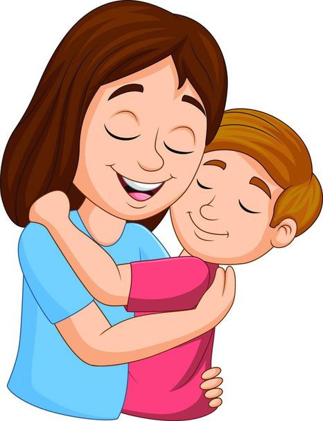 Cartoon happy mother hugging her son - Vector, imagen