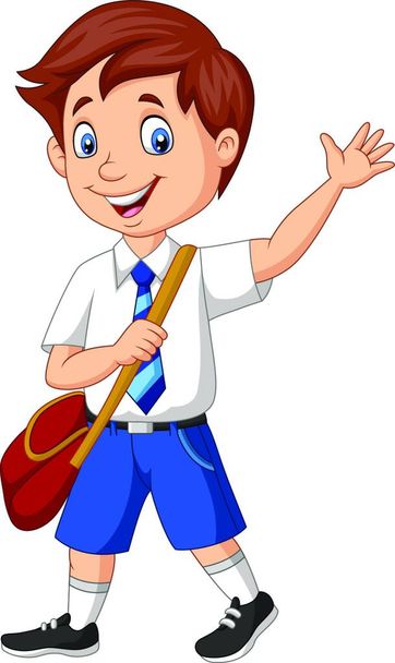 Cartoon school boy in uniform waving - Διάνυσμα, εικόνα