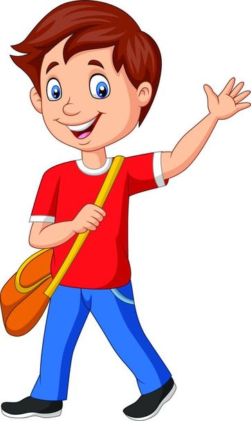 Cartoon school boy with backpack and waving - Вектор,изображение