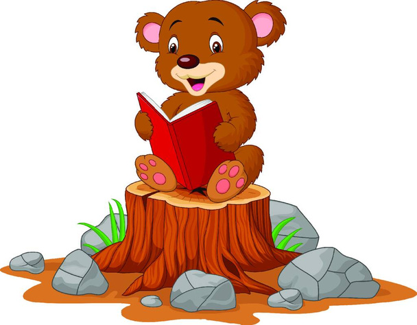 Cute baby bear reading book on tree stump - Vektor, obrázek