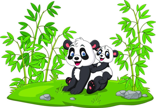 Cartoon mom and baby panda in the bamboo tree - Wektor, obraz