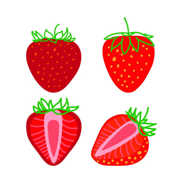 Isolated Strawberrys, design colorful vector illustration. Collection of whole and sliced fresh Strawberry berry isolated on white background - Vektor, kép