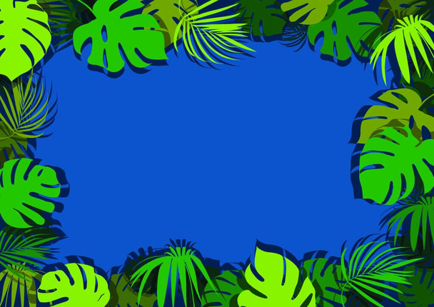 Green Tropical Leaves on Blue Background with Shadows - Graphic Design for Your Summer or Holiday or Travel Illustration, Vector - Vektor, Bild