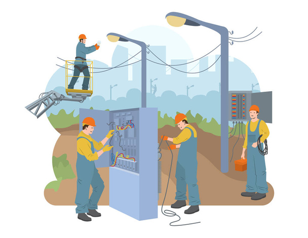 Electric Workers Flat Composition - Vector, Image
