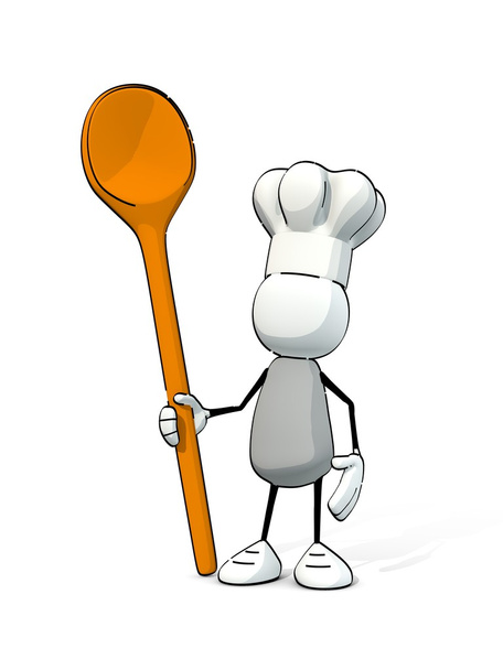 mały człowiek szkicowy z WPR szefa kuchni i gotowania łyżka - Zdjęcie, obraz