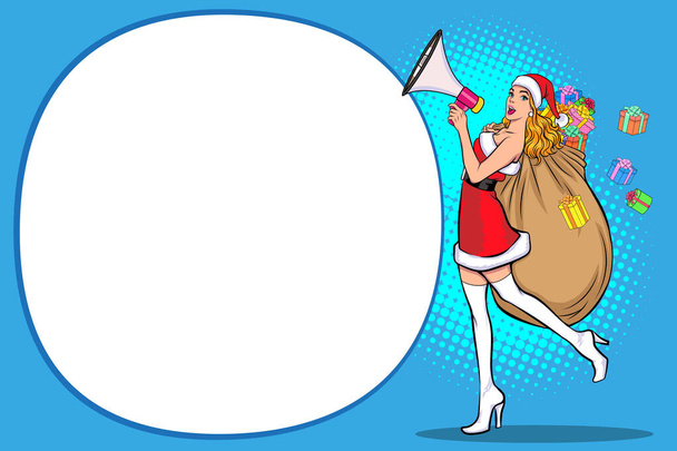 Santa woman peeking from behind blank sign with megaphone Pop Art Comic Style - Vector, Image