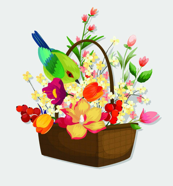 πουλιά παίζουν με τα λουλούδια - Διάνυσμα, εικόνα