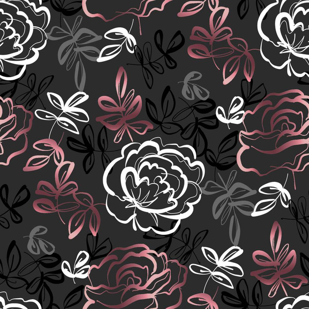 Elegantní ručně kreslené růže květinové bezešvé vzor pro pozadí, zábal, tkaniny, textil, zábal, povrch, web a potisk designu. Vektorový luxusní styl opakovatelný motiv. - Vektor, obrázek
