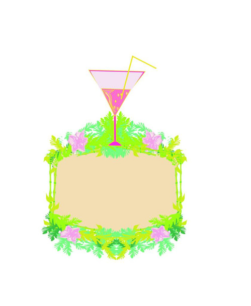 Cocktail Party on the beach, a decorative frame with palm trees and tropical flowers - Vector, afbeelding
